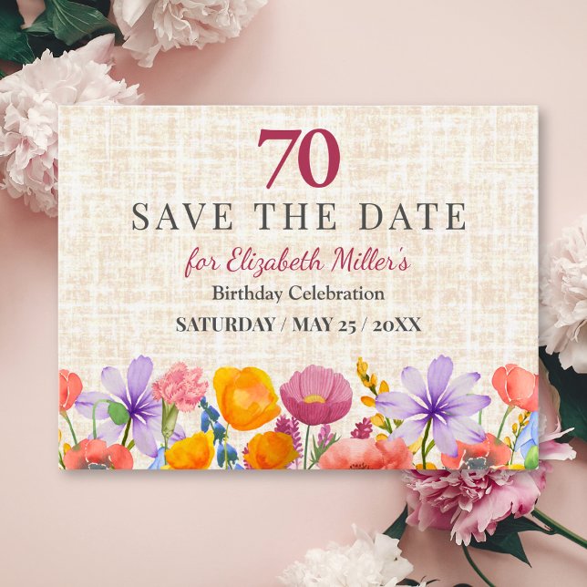 Cartão Postal De Anúncio Floral 70th Save the Date - Garden Party (Criador carregado)