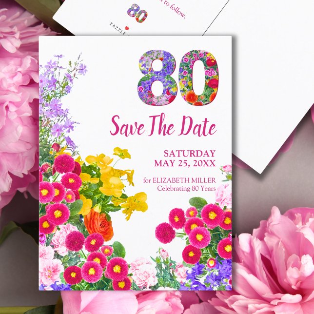Cartão Postal De Anúncio Floral 80 Birthday Salvar Data - Design moderno (Criador carregado)