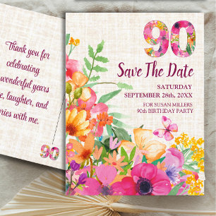 Cartão Postal De Anúncio Floral 90 Birthday Salvar A Data, Linen 90 Anos