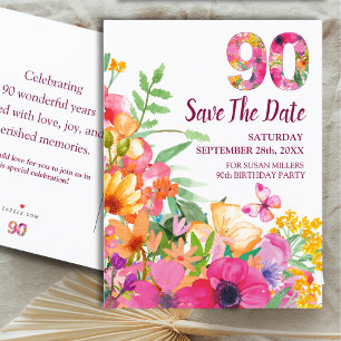Cartão Postal De Anúncio Floral 90 Birthday Salve A Data, Elegante 90 Ann