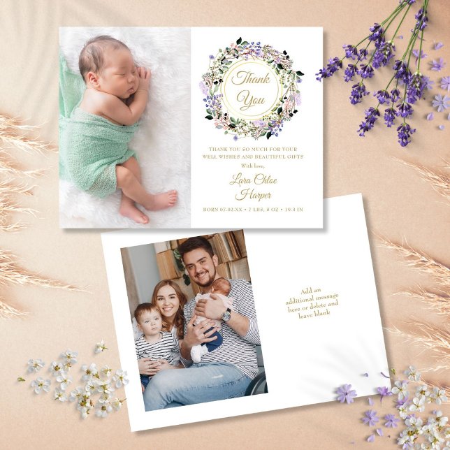 Cartão Postal De Anúncio Floral Baby 2 Foto Dourado Obrigado Nascimento (Floral Baby 2 Photo Gold Thank You Birth Announcement Postcard)
