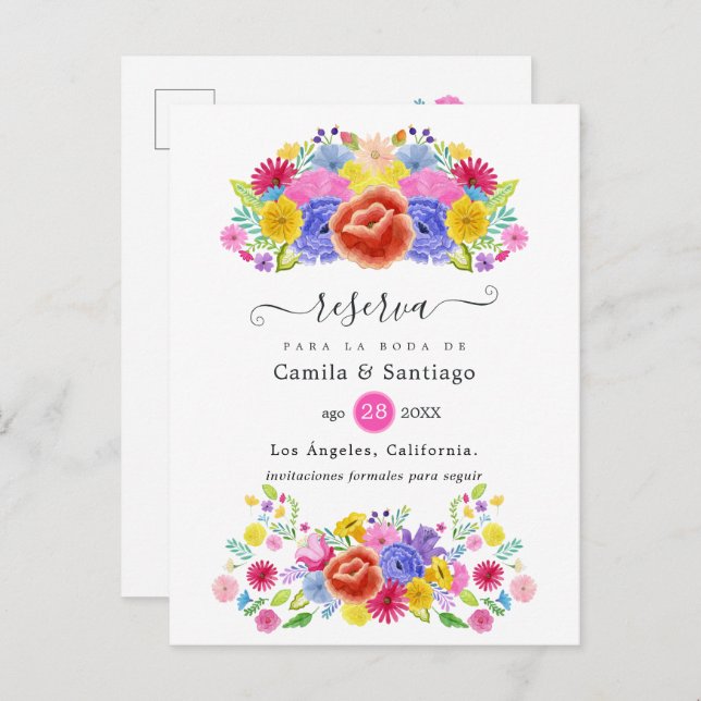Cartão Postal De Anúncio Floral Espanhol Fiesta Casamento Salvar a Data (Frente/Verso)