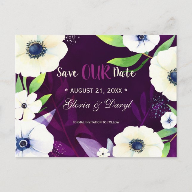 Cartão Postal De Anúncio Floral Glam Purple Wedding Salvar Data (Frente)