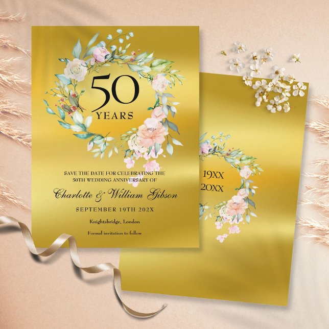 Cartão Postal De Anúncio Floral Gold Foil 50º Aniversário Salvar a Data (Criador carregado)