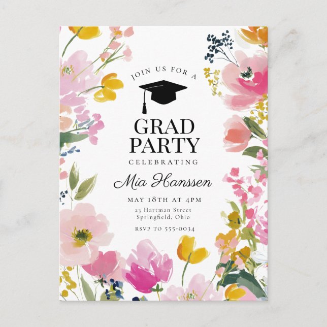 Cartão Postal De Anúncio Floral Graduation Party Invitation (Frente)