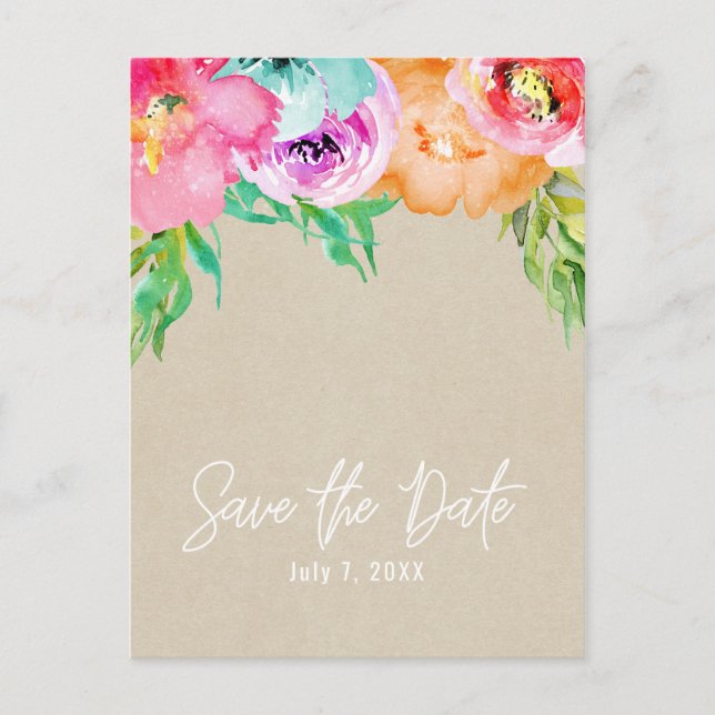 Cartão Postal De Anúncio Floral Marrom Claro Moderno em Kraft Save the Date (Frente)