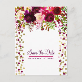 Cartão Postal De Anúncio Floral Moderno Dourado Borgonha Ousado Salve a Dat