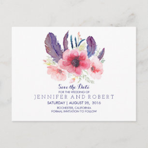 Cartão Postal De Anúncio Floral Vintage Boho Feather Salve a Data
