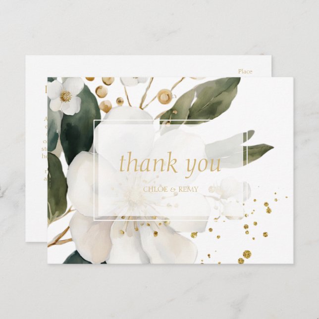 Cartão Postal De Anúncio Floral Watercolor Wedding Obrigado (Frente/Verso)