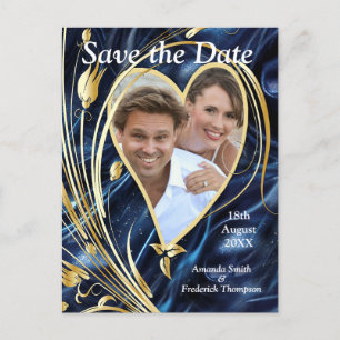 Cartão Postal De Anúncio Flores abstratas Brancas e Douradas em Seda Azul S