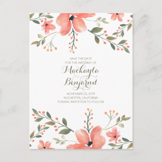 Cartão Postal De Anúncio Flores Aquarela Elegante Salve a Data (Frente)