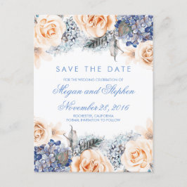 Cartão Postal De Anúncio Flores Azuis e de Pêssego Aquarela Save the Date