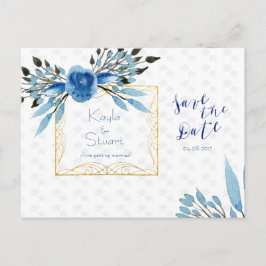 Cartão Postal De Anúncio Flores Azuis em Aquarela Save The Date Casamento