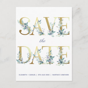 Cartão Postal De Anúncio Flores de Aquarela Azul com Letras Douradas
