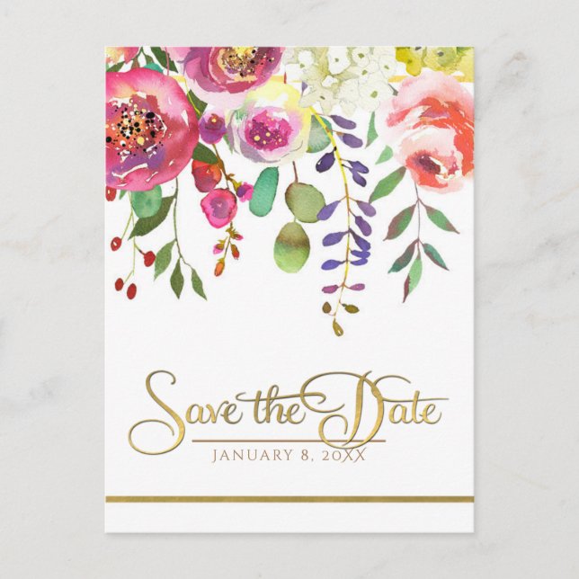 Cartão Postal De Anúncio Flores de Aquarela Modernas Salvem a Data (Frente)
