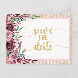 Cartão Postal De Anúncio Flores de Blush Stripes e Casamento Dourado Salve