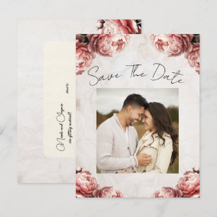 Cartão Postal De Anúncio Flores de Peônia Rosa Suave Vintage Salve a Data