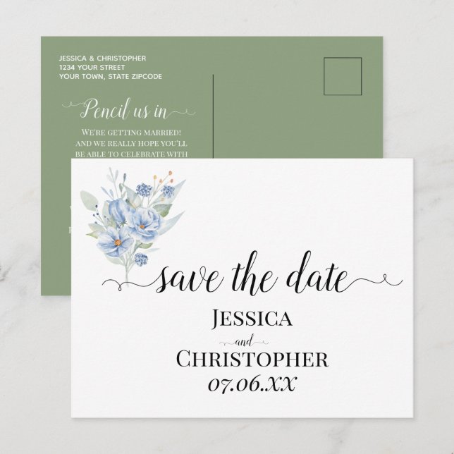 Cartão Postal De Anúncio flores e folhas em aquarela azul empoeirado rústic (Frente/Verso)