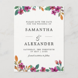 Cartão Postal De Anúncio Flores em Aquarela & Tipografia Moderna Casamento