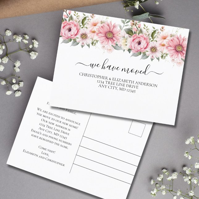 Cartão Postal De Anúncio Flores Florais Rosa Branco Script Móvel  (pink white floral watercolor flowers moving announcement postcard.)