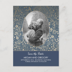 Cartão Postal De Anúncio Flores Navy e Dourado Chic Foto Save the Date