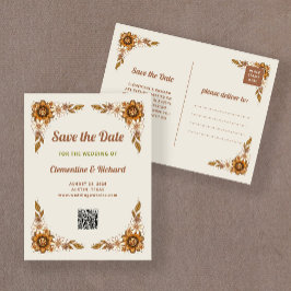 Cartão Postal De Anúncio Flores Retro | Código QR Casamento Salvar a Data