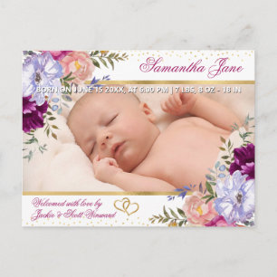 Cartão Postal De Anúncio Flores Roxas e Rosas de Verão Nascimento de Bebê