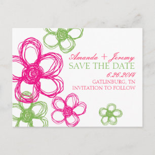 Cartão Postal De Anúncio Flores Silvestres Rosa e Verde Salvar a Data