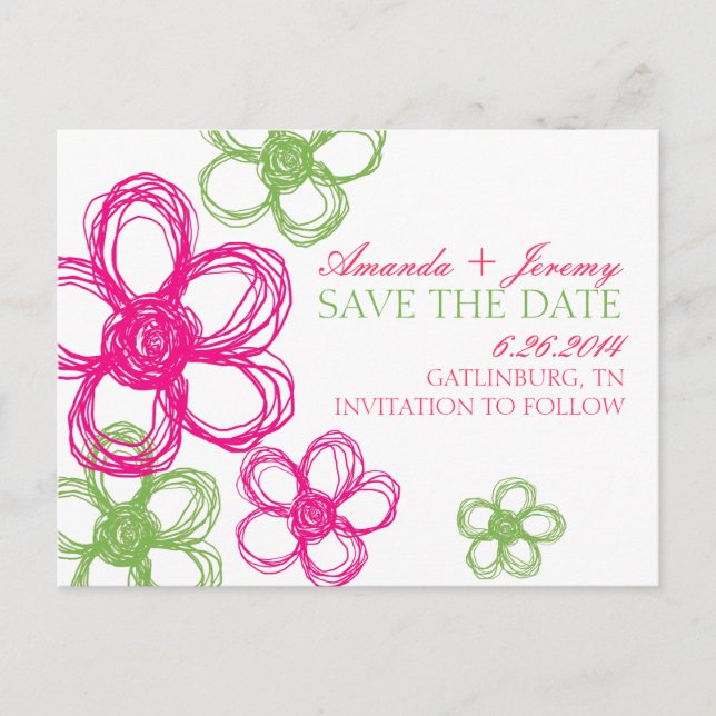Cartão Postal De Anúncio Flores Silvestres Rosa e Verde Salvar a Data (Frente)