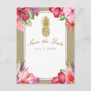 Cartão Postal De Anúncio Flores Tropicais & Abacaxi Dourado Salve a Data