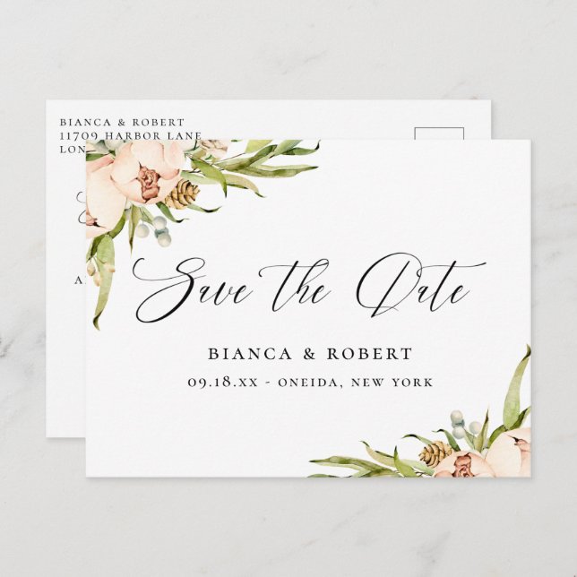 Cartão Postal De Anúncio Floresta Botânica Floral Salvar a Data (Frente/Verso)