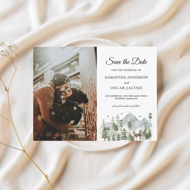 Cartão Postal De Anúncio Floresta em Aquarela | Árvores e Veados  (Criador carregado)