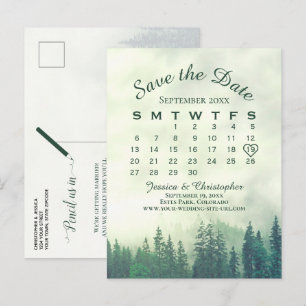 Cartão Postal De Anúncio Floresta Verde Nebulosa Calendário de Save the Dat