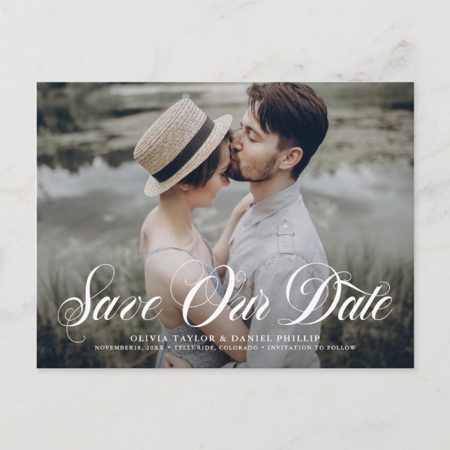 Cartão Postal De Anúncio Flourar Script Salvar nossa Foto de Sobreposição d (Frente)