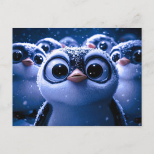 Cartão Postal De Anúncio Fofa Família de Pinguins Noite de Inverno Nevada