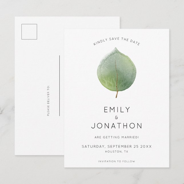 Cartão Postal De Anúncio Folha de Eucalipto Mínima Salvar a Data (Frente/Verso)