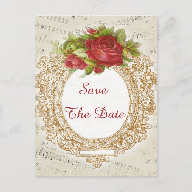 Cartão Postal De Anúncio Folha de Música do Quadro de Rosa vermelha de Aniv (Frente)