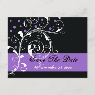 Cartão Postal De Anúncio Folha de rolagem casamento roxo Salve a data