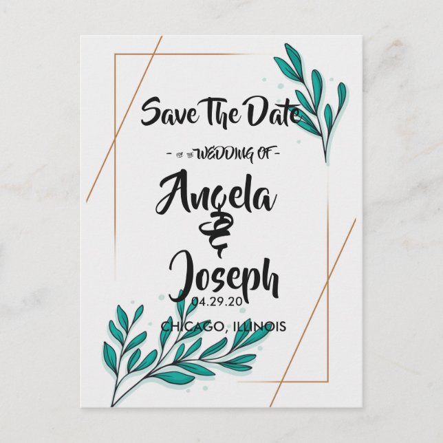 Cartão Postal De Anúncio Folha verde de ouro floral deixaSalve a data (Frente)