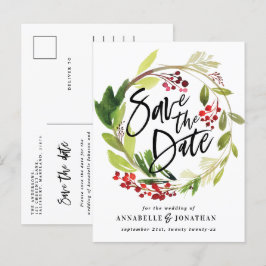 Cartão Postal De Anúncio folhagem botânica de inverno vermelha verde aquare