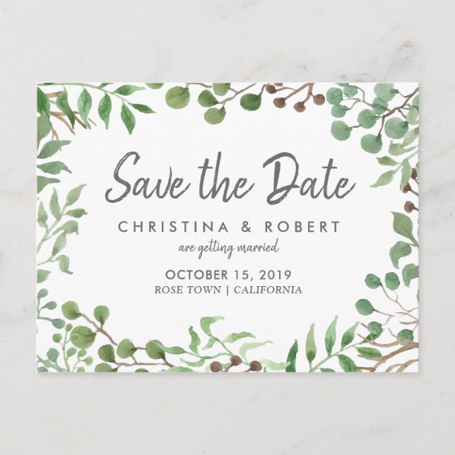 Cartão Postal De Anúncio Folhagem Botânica | Folha | Salve A Data (Frente)