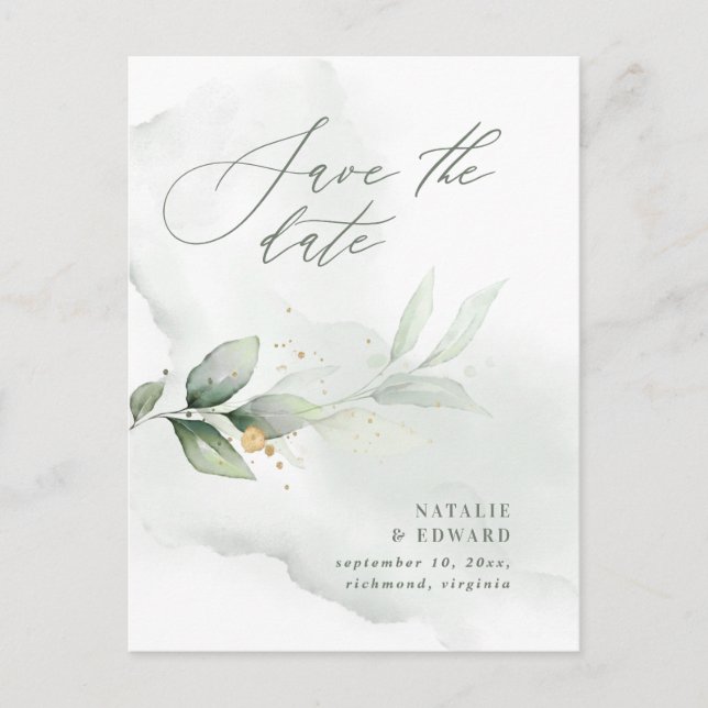 Cartão Postal De Anúncio Folhagem de aquarela e casamento dourado salvo dat (Frente)