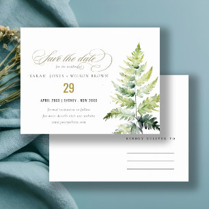 Cartão Postal De Anúncio FOLHAGEM DE FERNES EM Aquarela VERDE Save the date