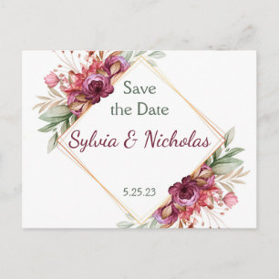 Cartão Postal De Anúncio Folhagem Rosas Botânicas Borgonha Save the Dates 