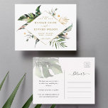 Cartão Postal De Anúncio Folhagem Tropical Casamento Dourado Salvar A Data<br><div class="desc">Este casamento,  exceto a data do cartão postal,  apresenta folhas de palmeiras de aquarela,  folhas de bananeira,  folhas tropicais exóticas,  monstera,  e folhas de ouro falsas com uma falsa estrutura em forma de diamante de ouro. É perfeito para um casamento tropical,  praia,  verão ou destino.</div>