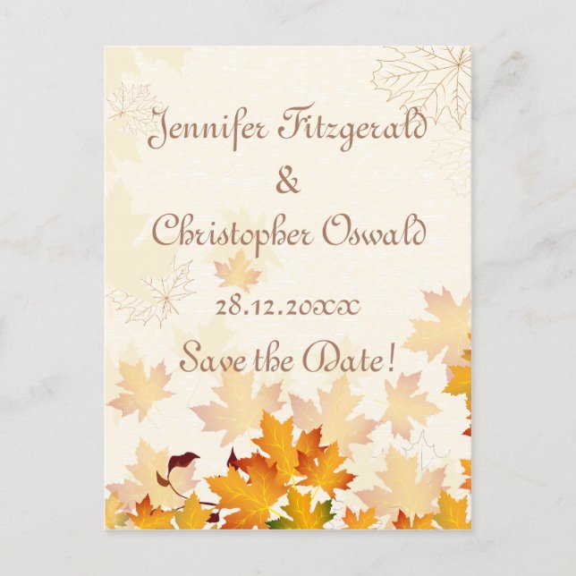 Cartão Postal De Anúncio Folhas de Outono Douradas Salve a Data (Frente)
