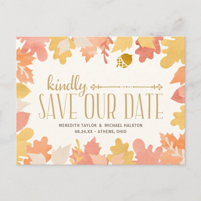 Cartão Postal De Anúncio Folhas de Outono Rústicas Save the Date (Frente)