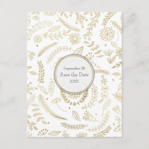Cartão Postal De Anúncio Folhas Florais Douradas Casamento Rústico Salve o 