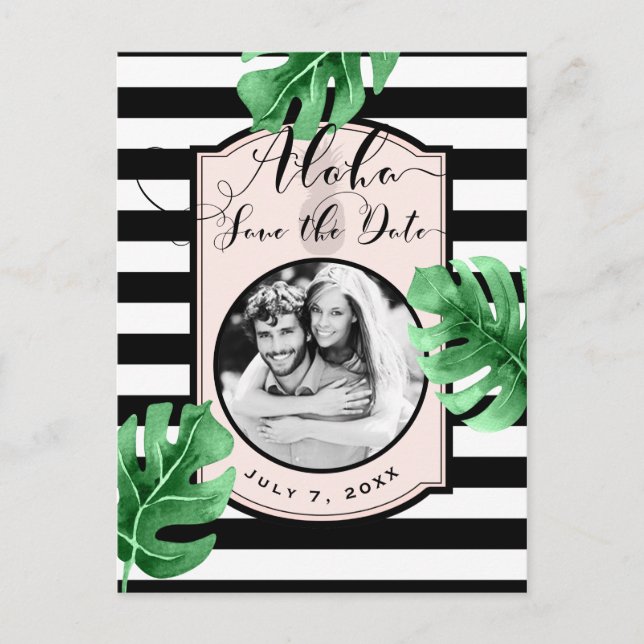 Cartão Postal De Anúncio Folhas Tropicais & Abacaxi Foto Salve a Data (Frente)