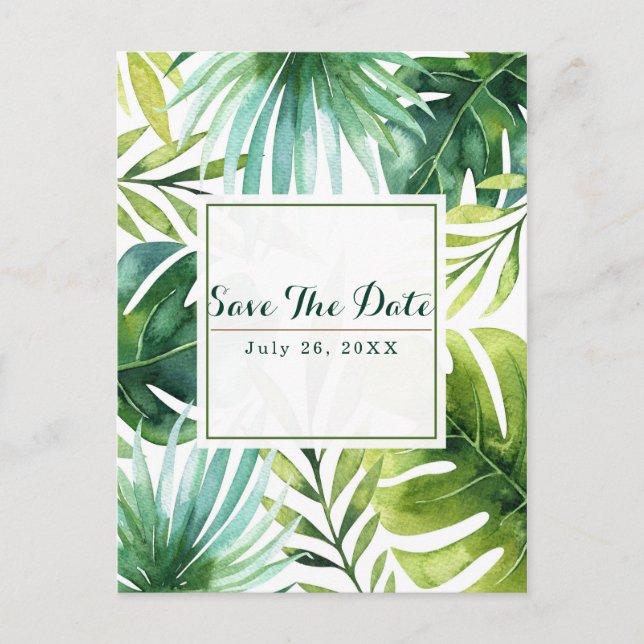 Cartão Postal De Anúncio Folhas Tropicais Casamento Havaiano Save the Date (Frente)